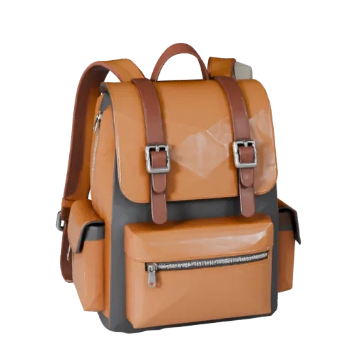 Luxury Backpack Low Poly 3D model, game viewport three-quarter view, showing leather, bag volume.