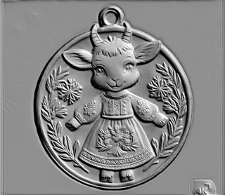 3D model goat bas-relief folk dress with snowflakes and branches
