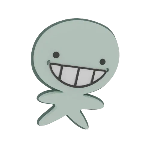 A 3D render of a light green blob character with a wide, toothy grin, simple dot eyes, and a playful, outstretched pose again