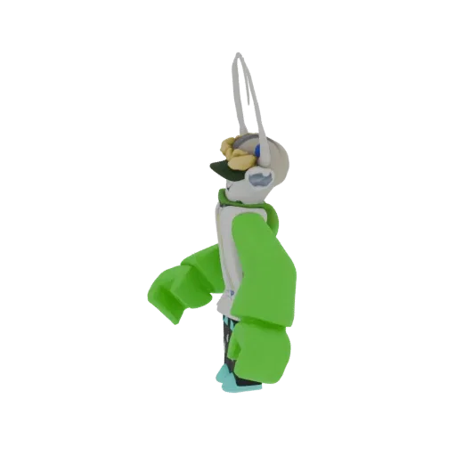 Modèle 3D d'un personnage stylisé avec des manches vertes, un torse blanc, un casque et des antennes, vu de côté.