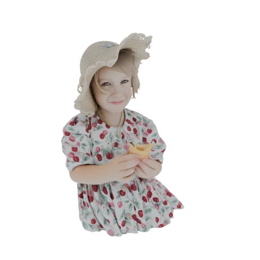 Little Girl in Cherry Dress and Sun Hat Holding a Toy