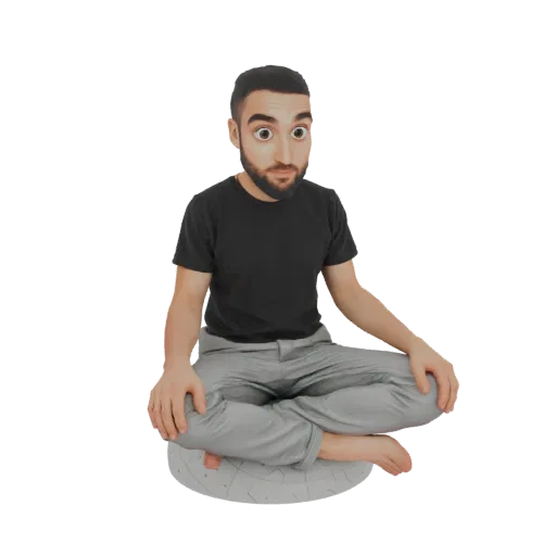 3D model of a man with wide, surprised eyes sitting cross-legged on a grey cushion, wearing a black t-shirt and grey pants.