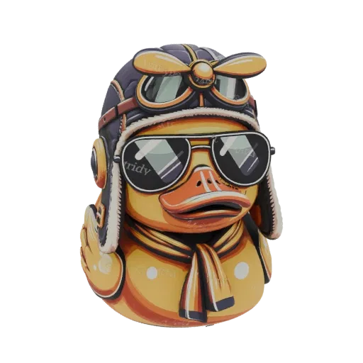 3D model of a yellow duck wearing a vintage aviator helmet, goggles, and a scarf, looking ready for flight.