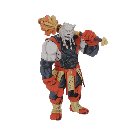 Modelo 3D de Grommash Hellscream, um orc musculoso com pele branca, cabelo trançado e armadura, segurando um grande machado.