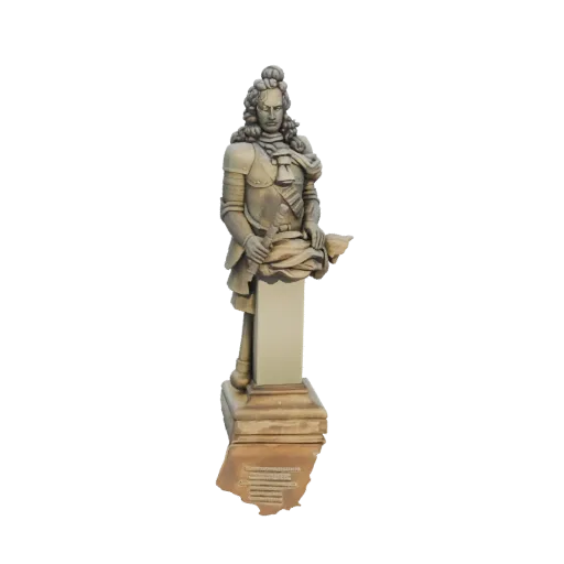 Modello 3D di un busto di comandante militare Barocco con armatura ornata e parrucca, in piedi su un piedistallo con iscrizio