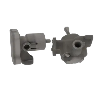 3D model of a two-part industrial pump assembly, showing a mounting bracket on the left and a complex housing with an outlet