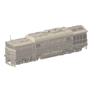 3D-Modell einer detaillierten, unbemalten Diesellokomotive, aus einem Dreiviertelwinkel betrachtet.
