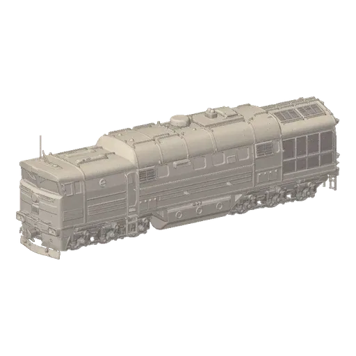 3D model of a detailed, unpainted diesel locomotive, viewed from a three-quarter angle.