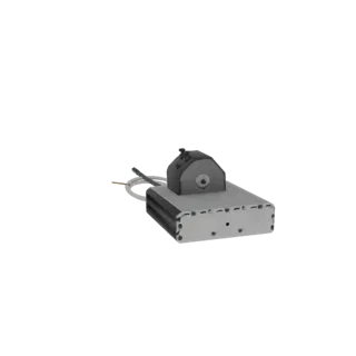 Modelo 3D de um atuador industrial compacto com base metálica e cabeça rotativa detalhada, com fios e parafusos visíveis.