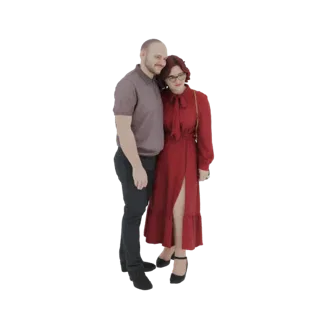 Modelo 3D de um casal se abraçando, a mulher em vestido vermelho e o homem em camisa polo cinza, contra fundo branco.