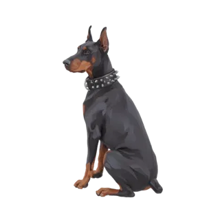 3D model of a black and tan Doberman Pinscher dog sitting attentively, wearing a spiked metal collar.