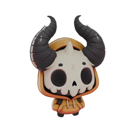 A 3D render of a cute skull demon character wearing an orange hoodie and large black horns, set against a white background.