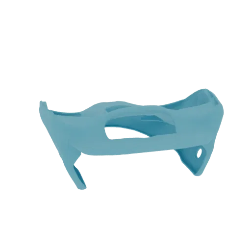 A 3D model of a futuristic motorcycle fairing, rendered in a bright cyan color with sharp, aerodynamic lines and intricate cu