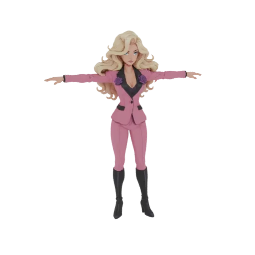 3D model of a blonde woman in a pink suit with black lapels and purple flowers, standing in a T-pose.