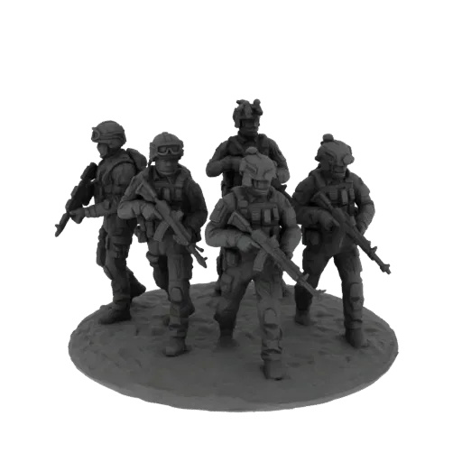 A 3D render of a squad of five modern soldiers in tactical gear, holding rifles, standing on a circular base.