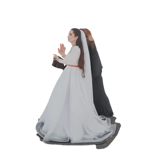 3D model of a bride in a white gown standing back-to-back with a dark, shadowy figure.
