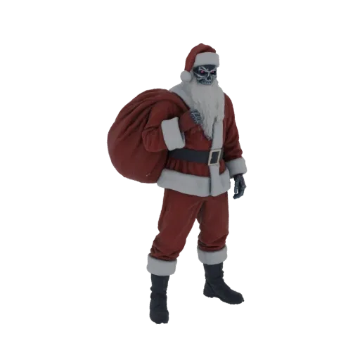 3D model of a horror-themed Santa Claus with a skeletal face, wearing a red suit and carrying a large sack of gifts.