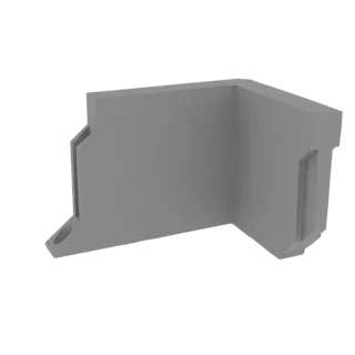 3D render of a gray corner bracket designed for DIN rail mounting, showing its L-shape and mounting features.