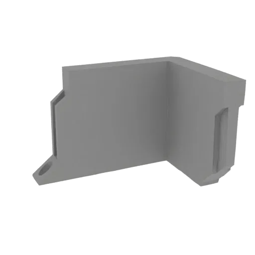 3D render of a gray corner bracket designed for DIN rail mounting, showing its L-shape and mounting features.