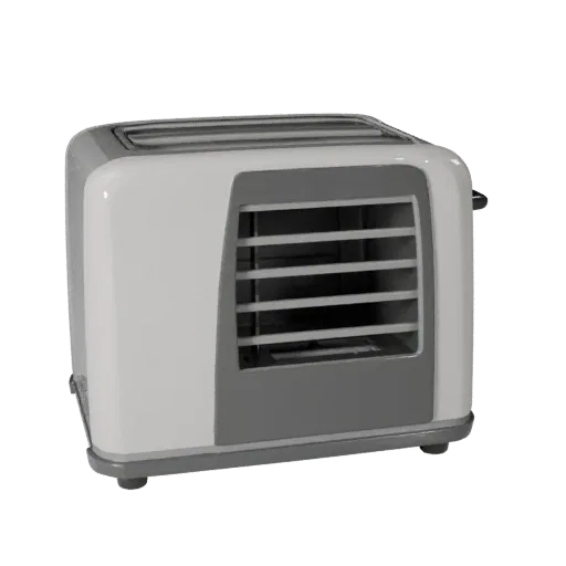 Compact Toaster Stylized 3D model, dining room, stylized isometric render, plastic detail.