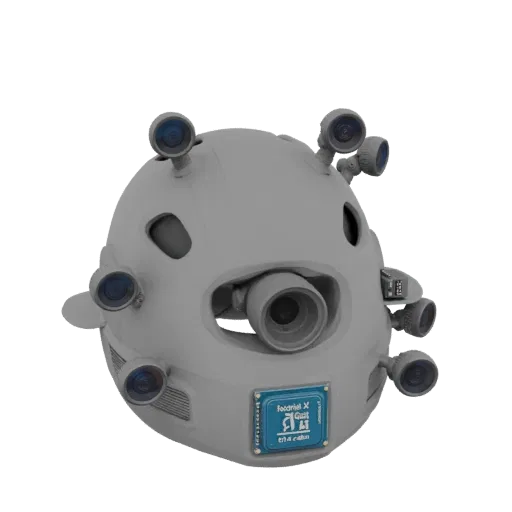 3D model of a gray futuristic helmet with multiple cameras around the perimeter and a central lens