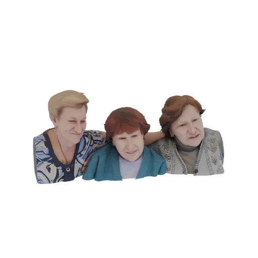 3D model of three elderly women with different hairstyles and clothing, posing together with smiles.