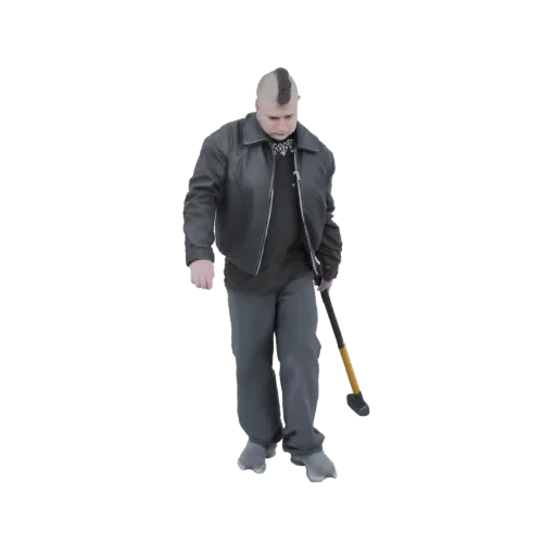 3D model of a punk man with a mohawk, leather jacket, and sledgehammer, posed dynamically