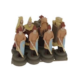 Render de modelo 3D de um xadrez romano legionário antigo, mostrando soldados com escudos e figuras régias.