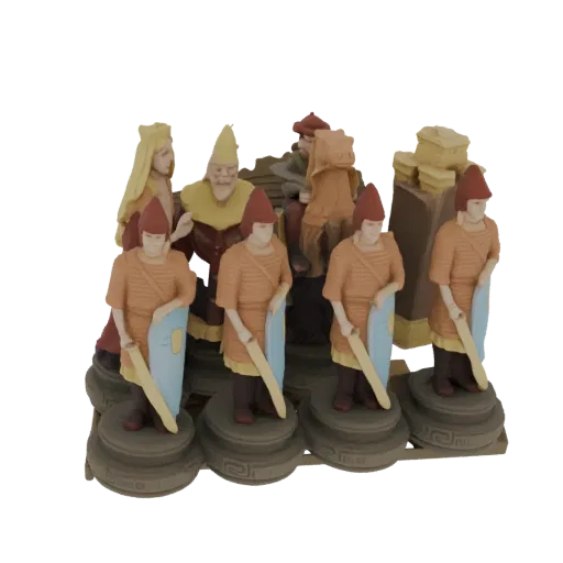 Render de modelo 3D de um xadrez romano legionário antigo, mostrando soldados com escudos e figuras régias.