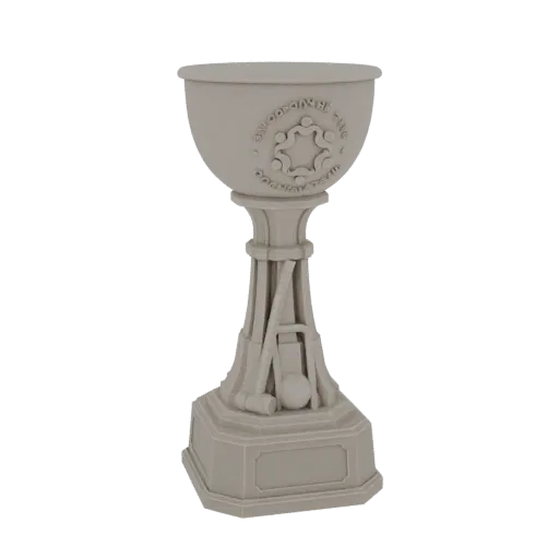 3D model of a stone-colored croquet trophy with crossed mallets and a ball on its base, featuring a circular emblem on the cu