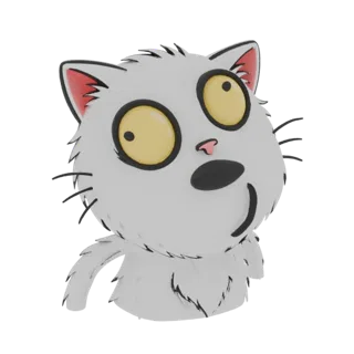 3D model of a fluffy white cat with large, surprised yellow eyes, looking upwards.
