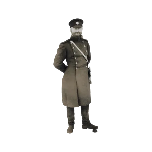 3D model of a vintage military officer in a dark uniform, standing with hands behind his back, sepia tone.