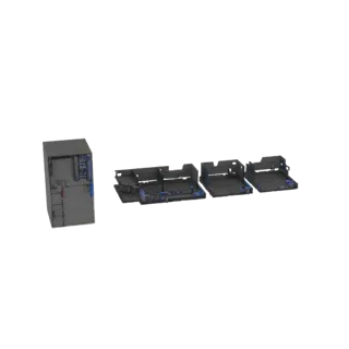 3D-Modell einer modularen industriellen Pumpstation, das eine hohe Steuereinheit und drei verbindbare Basisteile mit Rohren u