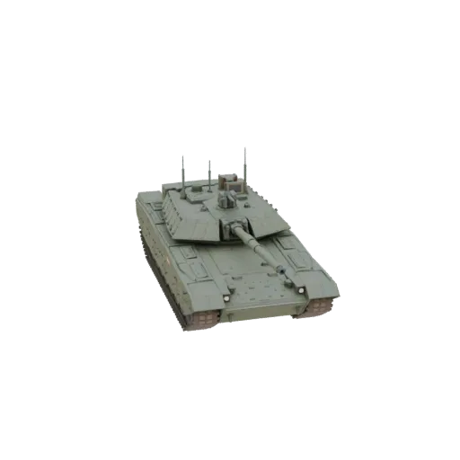 3D model of an olive drab main battle tank, viewed from a slightly elevated front-right angle against a black background.