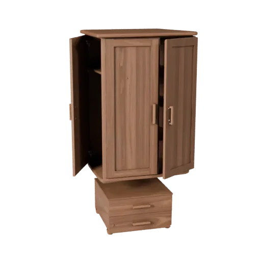 Floating Wardrobe Realistic 3D model, bedroom, three-quarter studio render, painted wood detail.