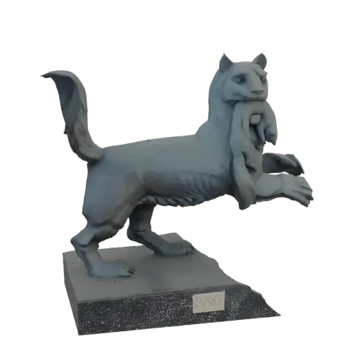 3D model render of a grey tiger sculpture carrying prey in its mouth, standing on a textured base.