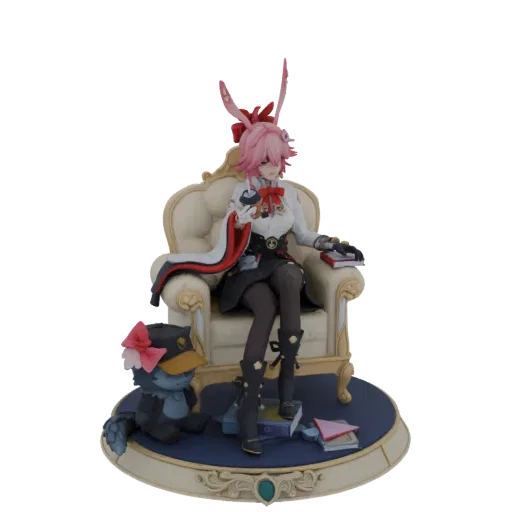 3D model of an anime girl with pink hair, wearing a white and black outfit, sitting on a golden throne and reading a book, wi