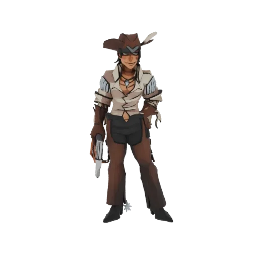 3D model render of a cowgirl character in Western attire, holding a revolver, against a white background.