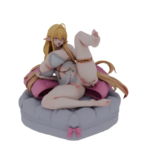 Modelo 3D de elfa loira com orelhas pontudas, vestindo roupa branca, deitada provocativamente em almofadas rosa e cinza.