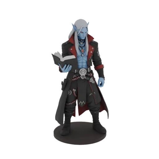 3D model of a blue-skinned elf scholar with white hair, red eyes, wearing a dark coat and holding an open book.