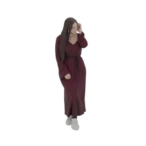 3D-Modell einer Frau in einem langärmeligen, burgunderfarbenen Strick-Maxikleid mit Bindegürtel, stehend vor schwarzem Hinter