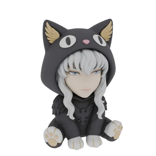 3D model of Griffith from Berserk wearing a black cat hoodie, depicted in a cute chibi style, sitting down.