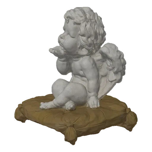 3D model of a white cherubic angel sculpture with wings, sitting on a tan cushion and blowing a kiss.