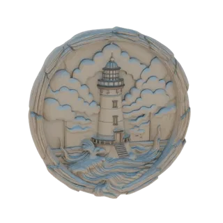 3D render of a circular relief featuring a lighthouse, stormy waves, and clouds, with a textured, rustic frame.