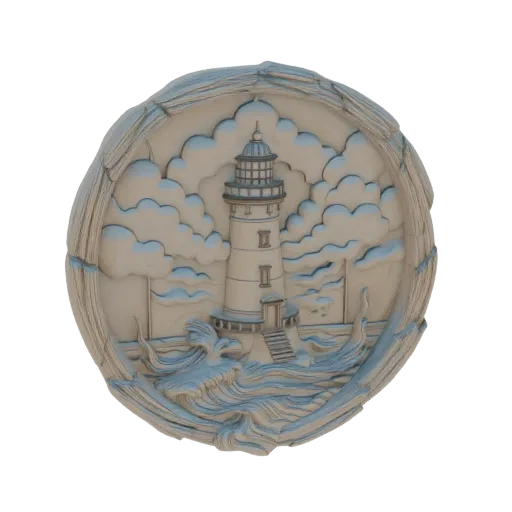 3D render of a circular relief featuring a lighthouse, stormy waves, and clouds, with a textured, rustic frame.