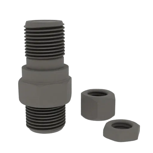 3D model of a 16mm drip irrigation connector with two nuts on a black background