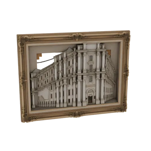 3D model of a Baroque building facade presented as a diorama within an ornate frame.