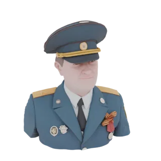 3D-Modell-Rendering einer Büste eines sowjetischen Militäroffiziers in blauer Uniform und Schirmmütze, geschmückt mit Orden.
