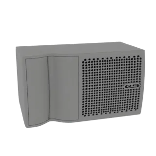 Modelo 3D de uma unidade de ar condicionado compacta moderna, cinza, com grade perfurada e painel frontal curvo, isolado em f