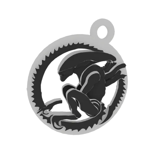 Renderização de modelo 3D de uma criatura Xenomorfo enrolada em sua cauda, projetada como pingente.